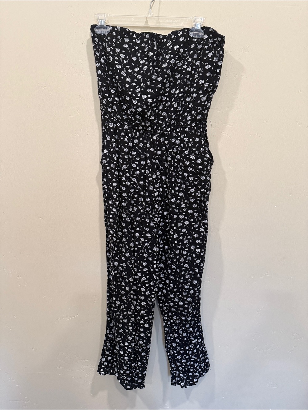 Strapless Black Floral Jumpsuit with Elastic Waist